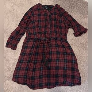 Lane Bryant Long/Rolled 3/4 Sleeve Dress Sz 24 Burgundy Plaid Drawstring Waist